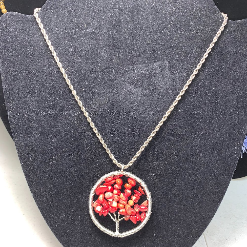 18" 4mm Rope chain with Red Coral Tree of Life Pendant